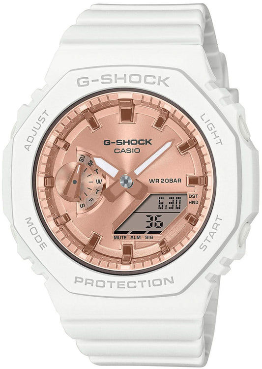 Zegarek damski Casio G-Shock: tarcza w kolorze różowego złota z wyświetlaczem cyfrowym, biała koperta