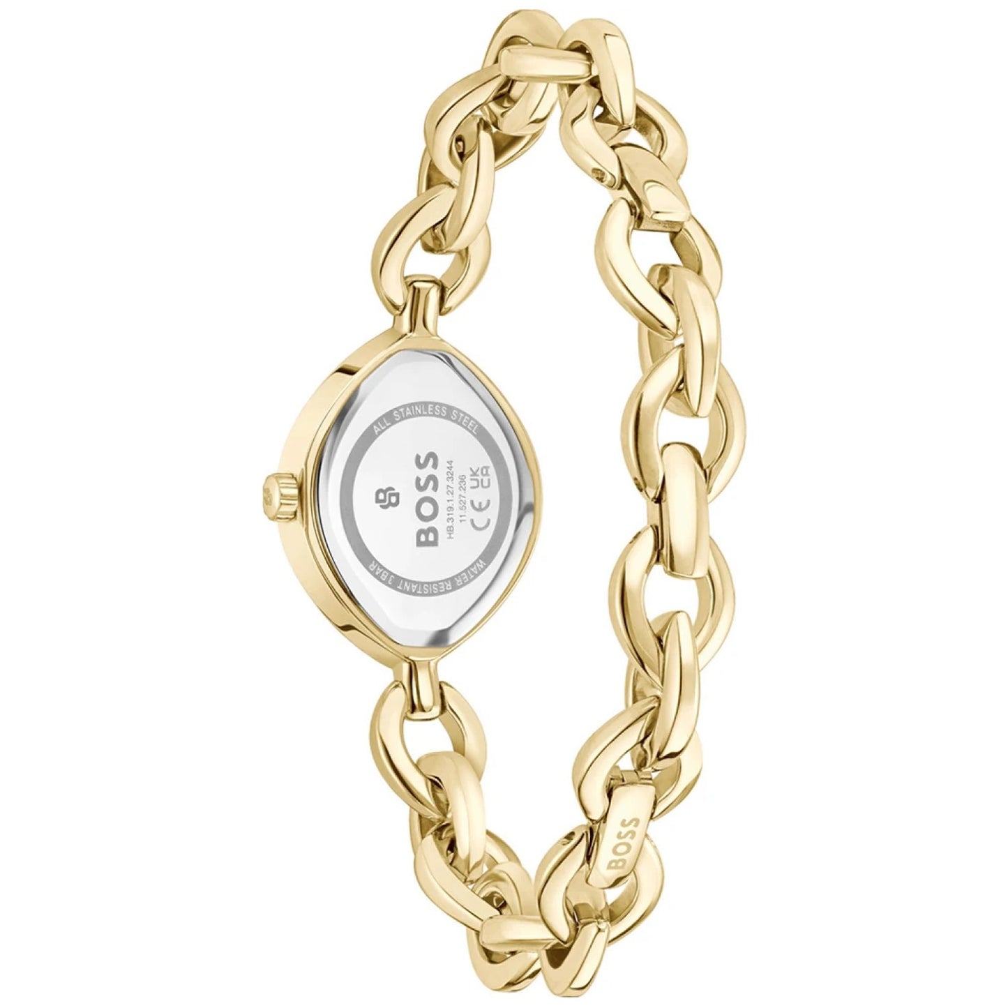 BOSS Armbanduhr, goldfarbenes Gliederband, Gehäuseboden mit Logo und Beschriftung
