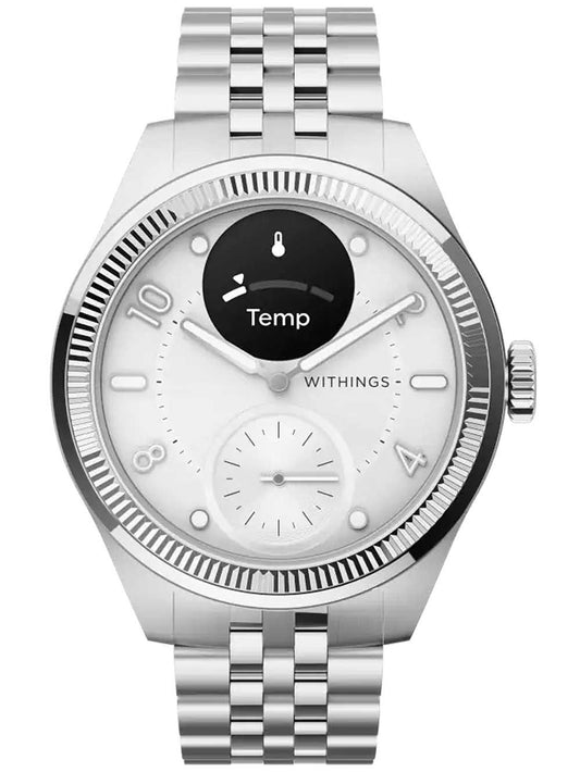 Srebrny hybrydowy smartwatch Withings z analogową tarczą i metalową bransoletą