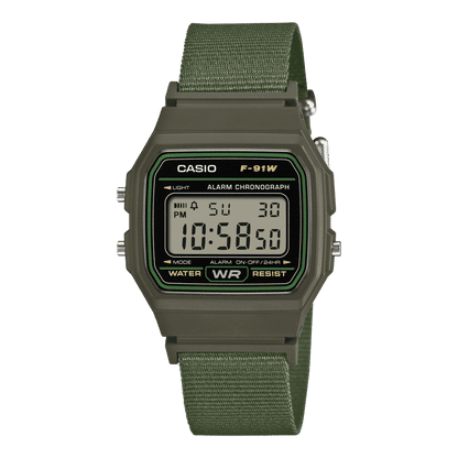 Casio F-91WF-3AEF Timeless Collection Damen- und Jugenduhr Khaki • Recyceltes Textilarmband • LED-Beleuchtung