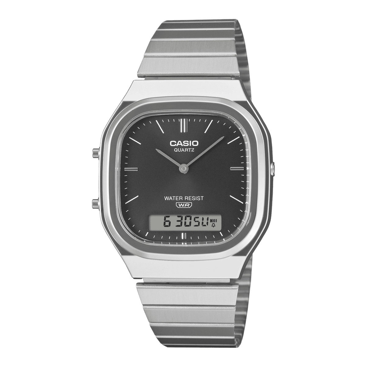 Casio Vintage Armbanduhr mit schwarzem Zifferblatt, Analog-Digital, Edelstahlarmband