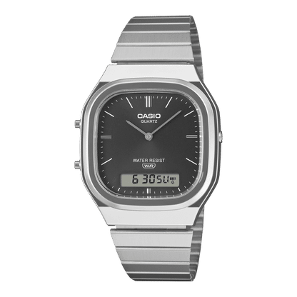 Casio Vintage Armbanduhr mit schwarzem Zifferblatt, Analog-Digital, Edelstahlarmband