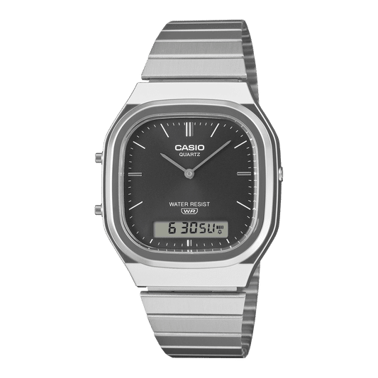 Casio Vintage Armbanduhr mit schwarzem Zifferblatt, Analog-Digital, Edelstahlarmband