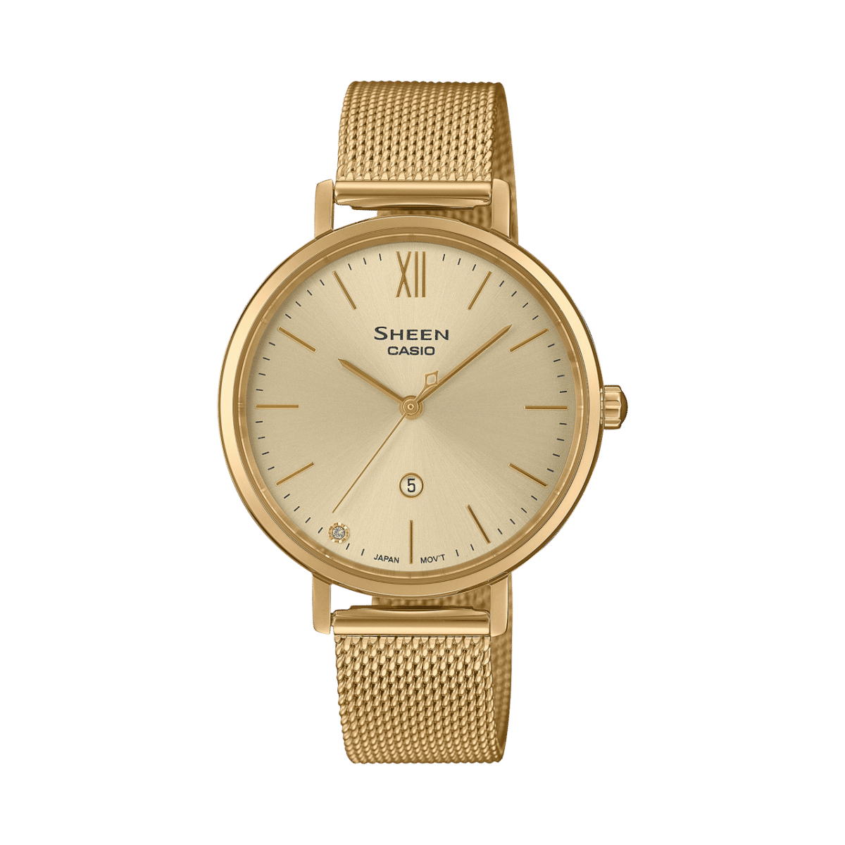 Casio Sheen SHE-4539GM-9AUER Damen Armbanduhr Goldfarben • Saphirglas • Mesh-Armband aus Edelstahl