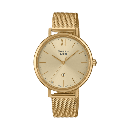 Casio Sheen Damenuhr: goldfarbenes Mesh-Armband, rundes Saphirglas, creme Zifferblatt