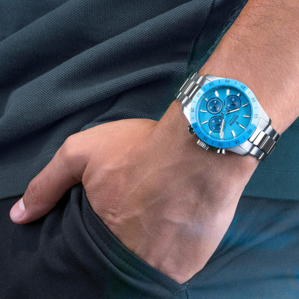Damski zegarek Festina Chronograph na nadgarstku, turkusowa tarcza, metalowa bransoleta