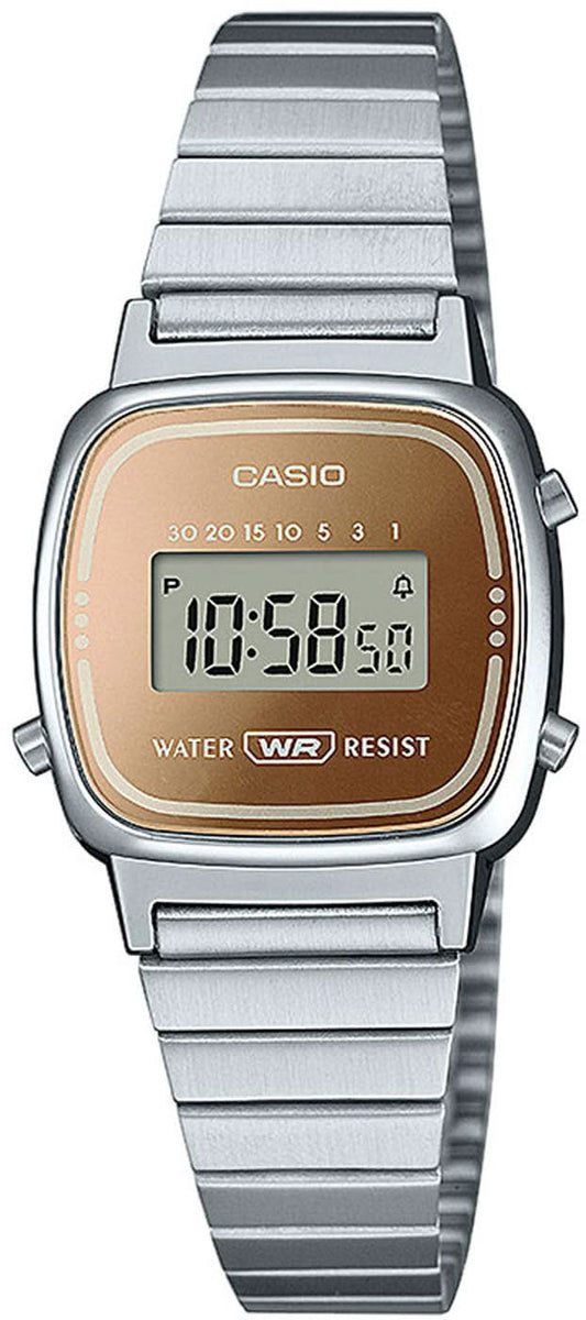 Zegarek damski ze srebrną metalową bransoletą i cyfrowym wyświetlaczem CASIO, brązowa tarcza
