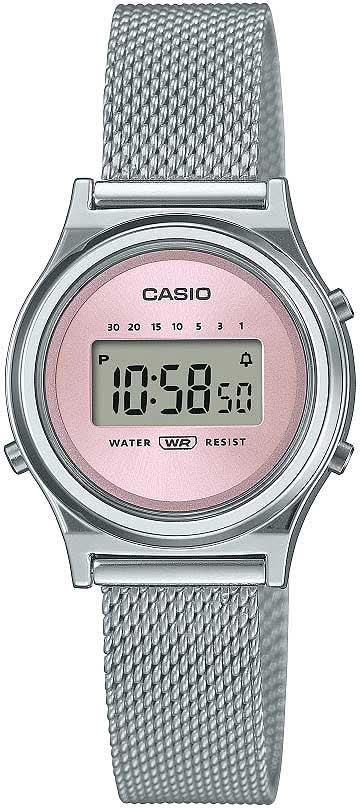 Zegarek damski Casio Vintage ze srebrną bransoletą typu mesh i okrągłym wyświetlaczem cyfrowym