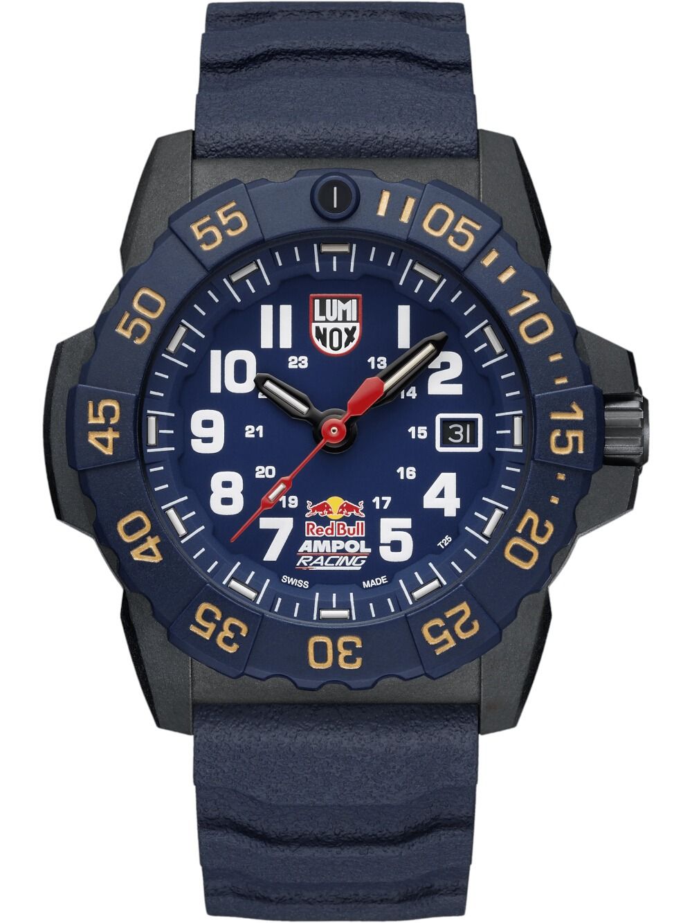 Zegarek męski Luminox: niebieski silikonowy pasek, koperta Carbonox, datownik na tarczy