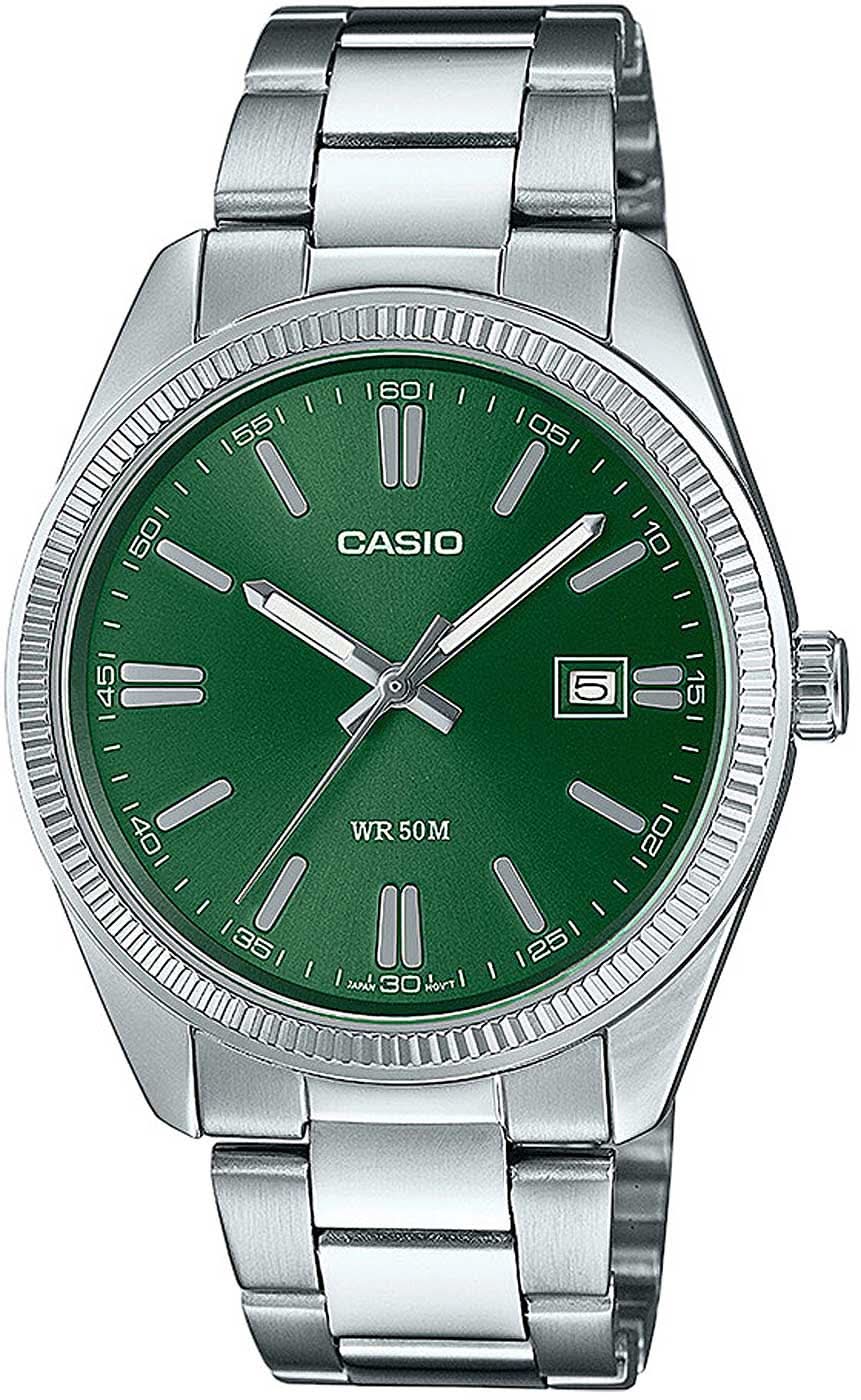 Zegarek męski Casio z zieloną tarczą, stalową bransoletą, datownikiem i wskaźnikami godzin
