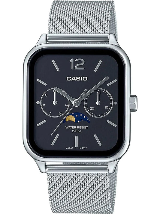 Zegarek męski CASIO z bransoletą typu mesh ze stali szlachetnej, ciemną tarczą i wskaźnikiem faz księżyca