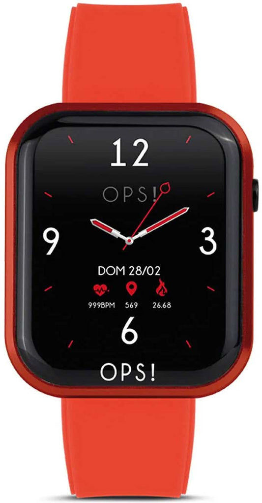 Unisex smartwatch z czerwonym silikonowym paskiem i kwadratowym wyświetlaczem z godziną