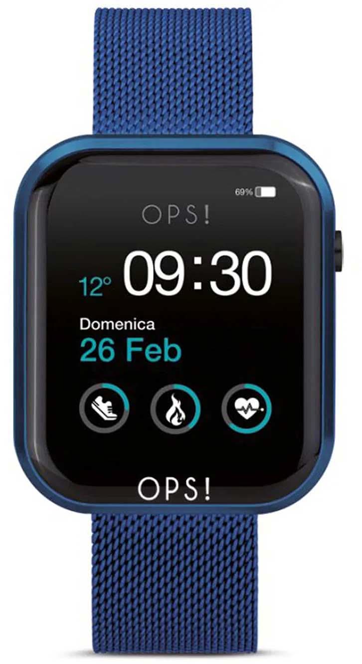 Unisex smartwatch z niebieskim paskiem tekstylnym i okrągłym wyświetlaczem, godzina 09:30