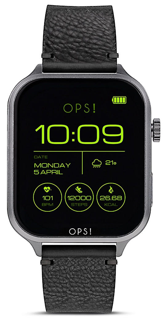 Smartwatch OPS! z czarną tarczą, godzina 10:09, czarny skórzany pasek