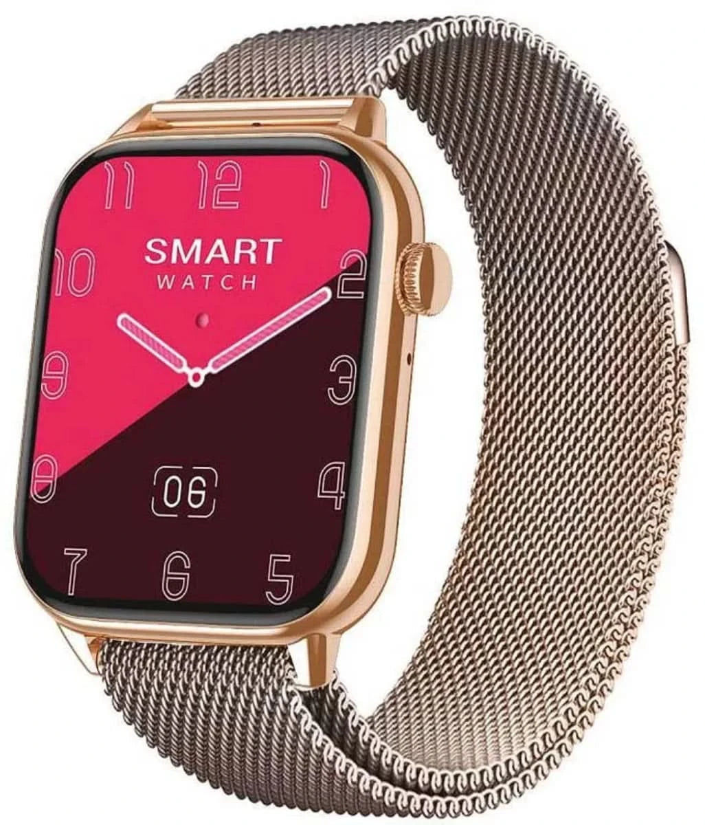 Smartwatch z różowym wyświetlaczem i kopertą w kolorze różowego złota, bransoleta typu mesh