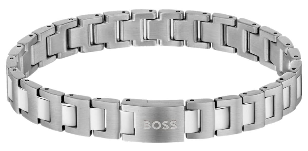 Bransoleta męska ze stali szlachetnej z magnetycznym zapięciem, podłużnymi ogniwami i logo BOSS