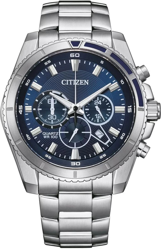 Męski zegarek chronograf z niebieską tarczą, kopertą i bransoletą ze stali szlachetnej