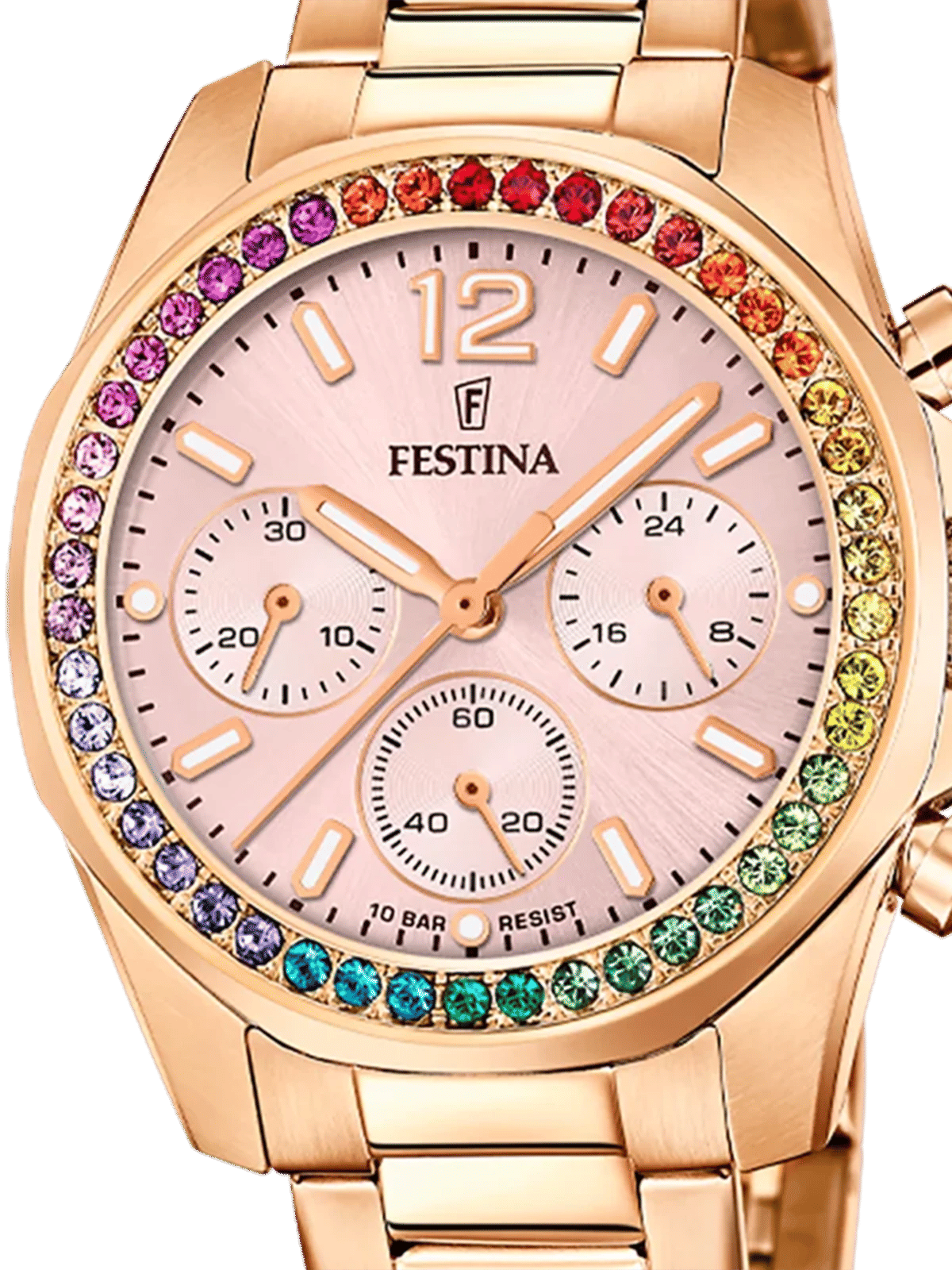 Zegarek damski w kolorze różowego złota z kolorowymi kamieniami na obrzeżach i designem typu chrono