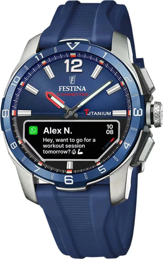 Zegarek męski Festina Connected z niebieskim silikonowym paskiem i okrągłą tytanową kopertą