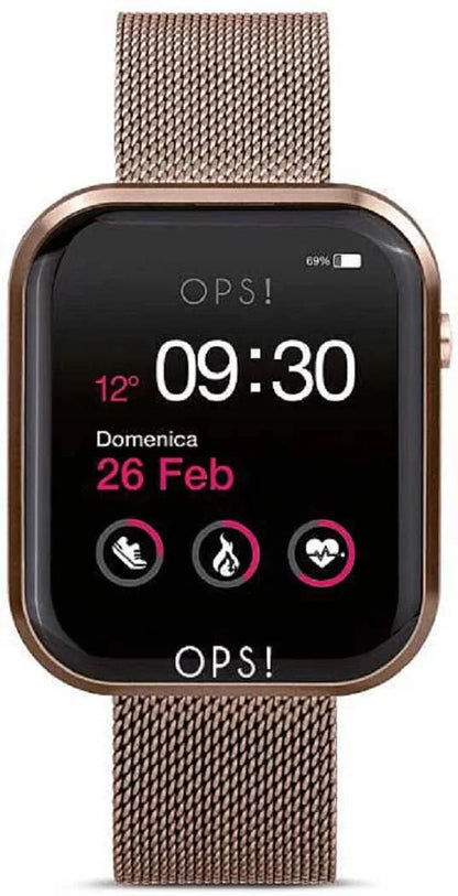Unisex smartwatch z beżową bransoletą typu mesh i ciemnym wyświetlaczem, prostokątna koperta