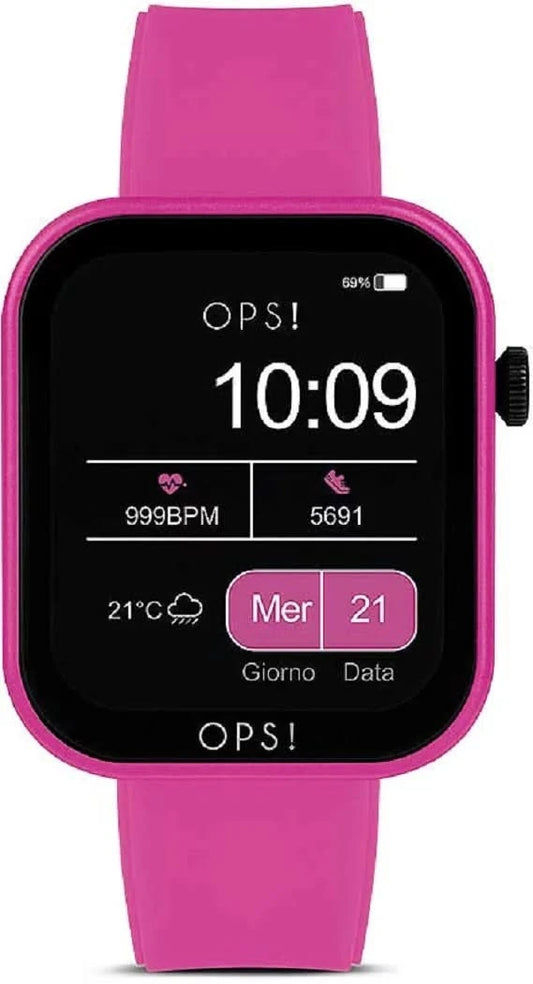 Smartwatch z różowym silikonowym paskiem i okrągłym wyświetlaczem, godzina 10:09 i data