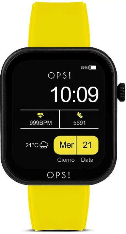 Unisex smartwatch z czarnym wyświetlaczem i żółtym silikonowym paskiem, 10:09