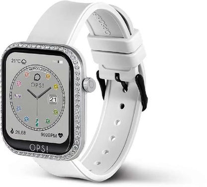 Unisex smartwatch z białym paskiem, lunetą z cyrkoniami i bocznymi przyciskami