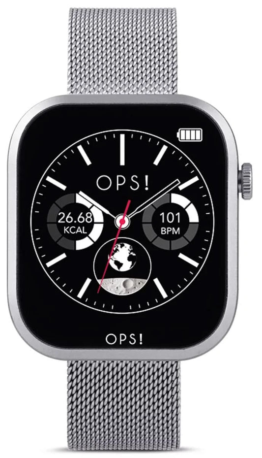 Unisex smartwatch z paskiem z siatki ze stali nierdzewnej w kolorze srebrnym i czarnym wyświetlaczem