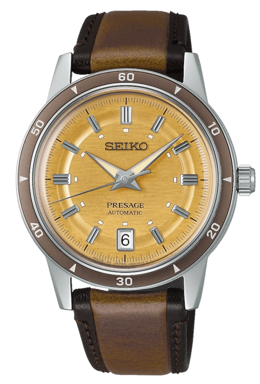 Zegarek męski SEIKO Presage z żółtą tarczą, brązowym skórzanym paskiem i srebrną kopertą