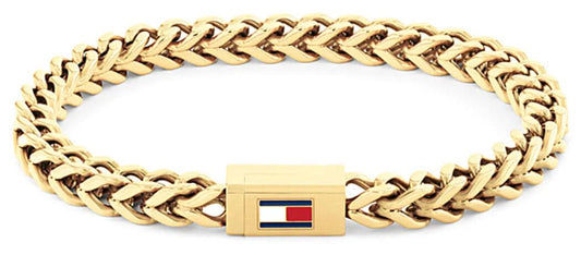 Męska bransoletka z plecionej stali szlachetnej w kolorze złota z prostokątnym zapięciem Tommy Hilfiger.