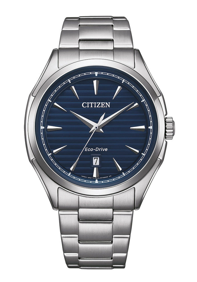 Zegarek męski Citizen Eco-Drive z niebieską tarczą, datownikiem i bransoletą ze stali szlachetnej