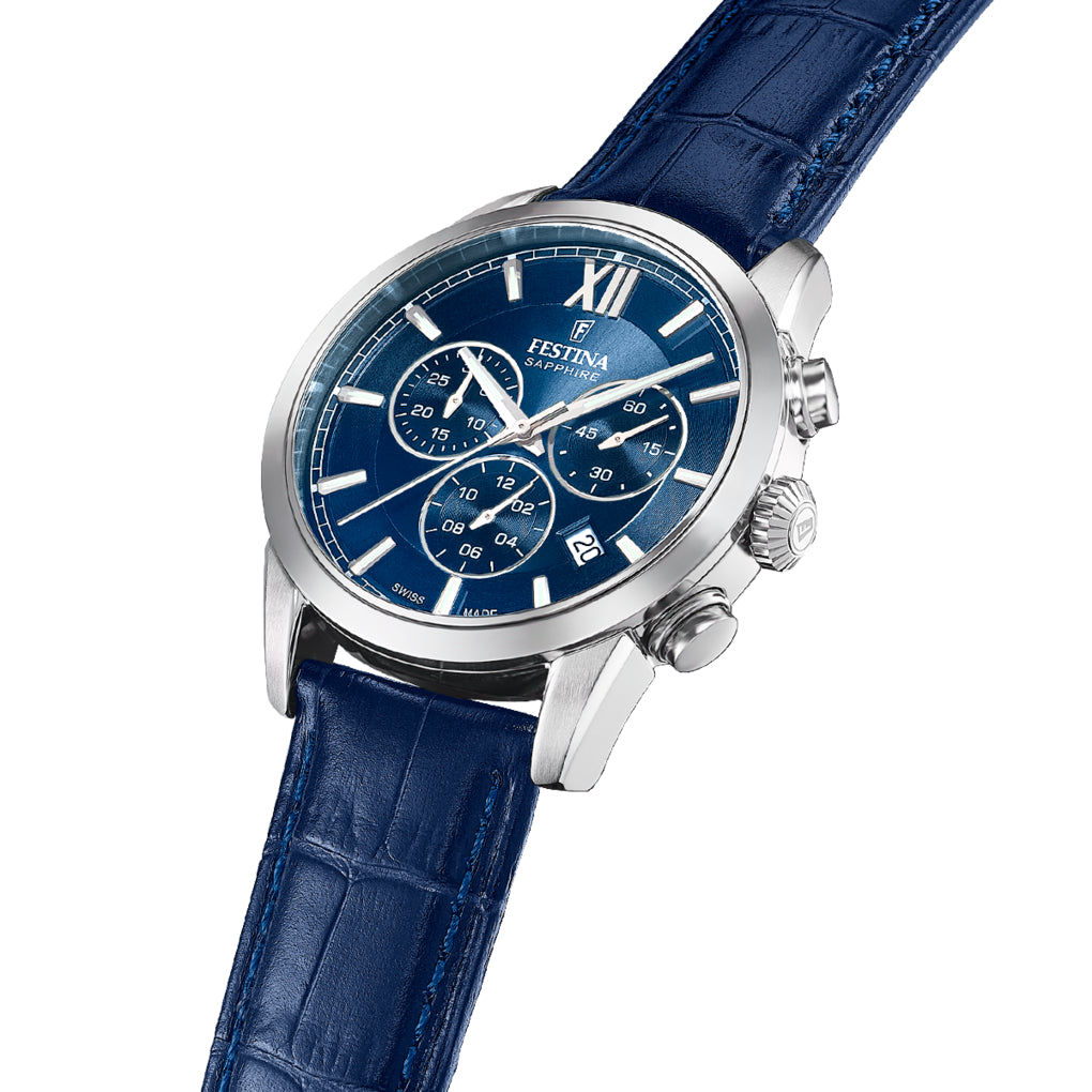 Męski zegarek Festina typu chronograf z niebieską tarczą, widok z boku z przyciskami
