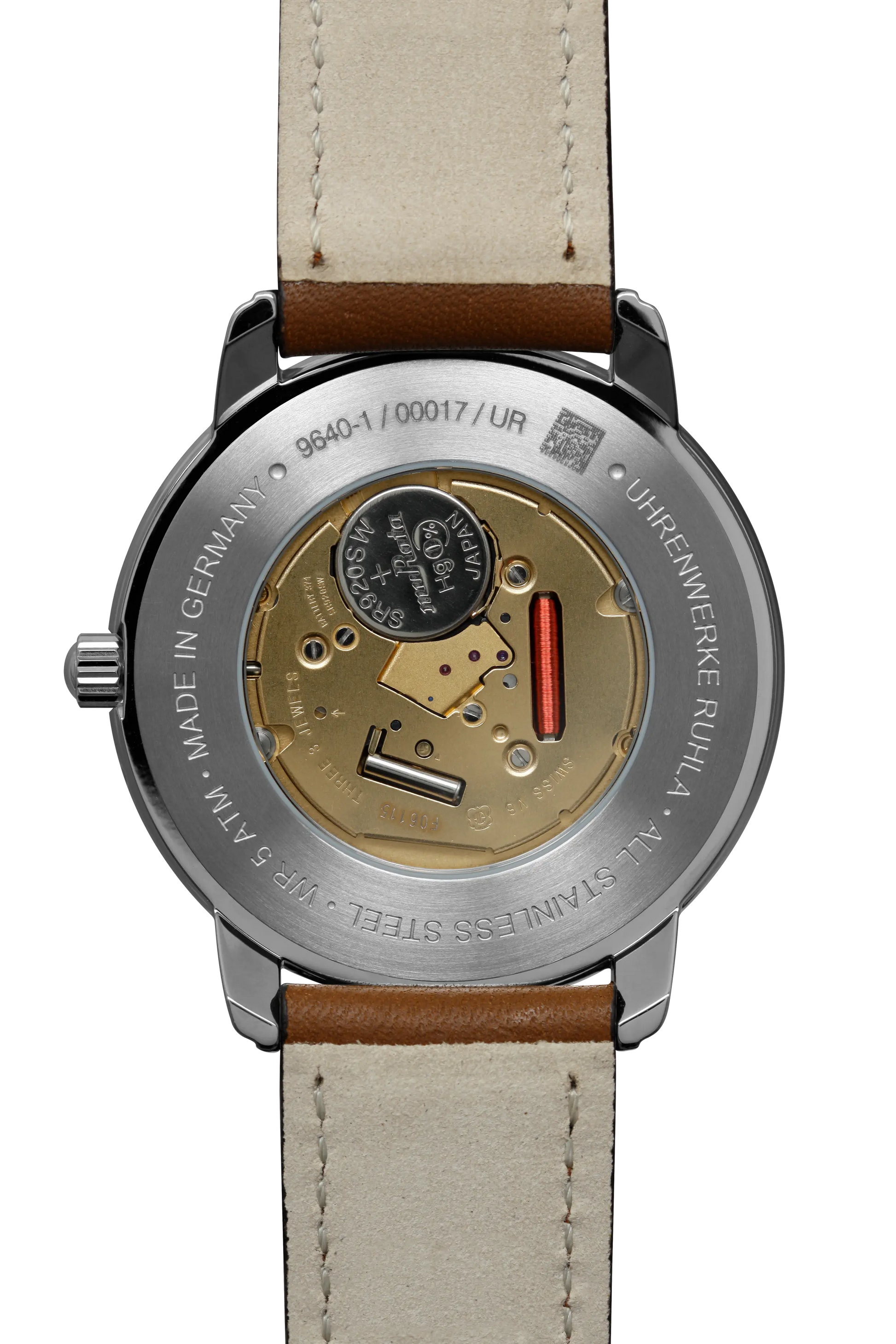 Rückseite Herrenarmbanduhr mit silbernem Gehäuse und braunem Lederband