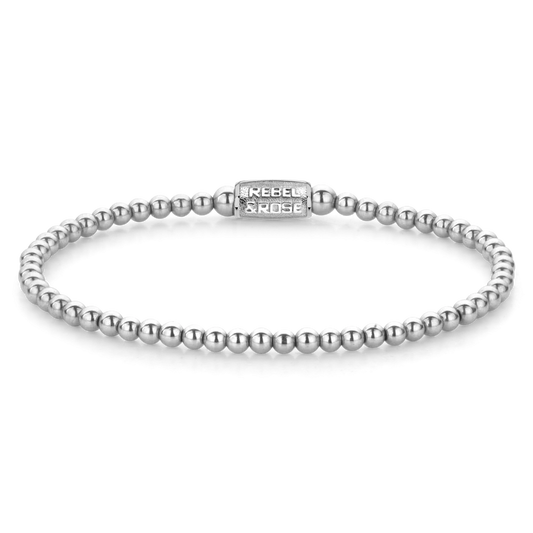 Srebrzysta bransoletka z pereł z zapięciem ze stali nierdzewnej i logo Rebel&Rose