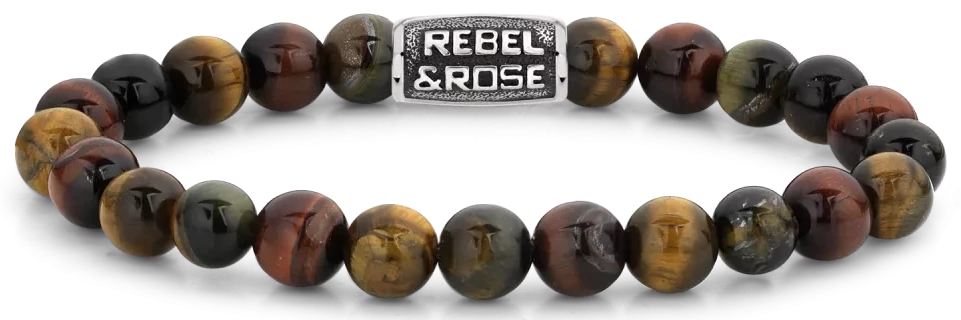 Bransoletka z tygrysiego oka z 8-milimetrowymi koralikami z kamieni szlachetnych i metalowym zapięciem, Rebel&Rose