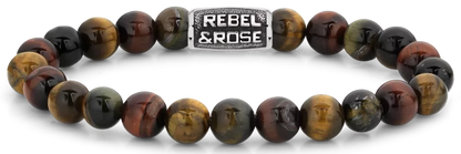 Bransoletka z tygrysiego oka z 8-milimetrowymi koralikami z kamieni szlachetnych i metalowym zapięciem, Rebel&Rose