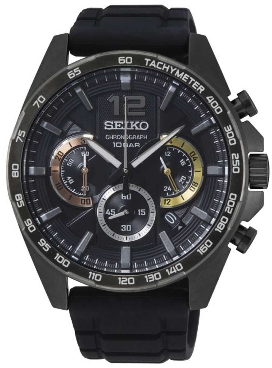 Męski zegarek SEIKO Chronograph z czarną tarczą i czarnym kauczukowym paskiem