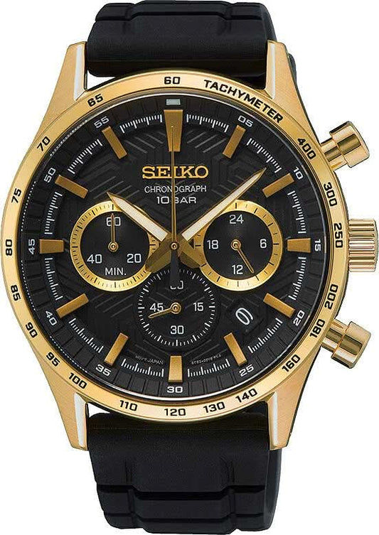 Zegarek chronograf z czarną tarczą, kopertą w kolorze złota i czarnym silikonowym paskiem