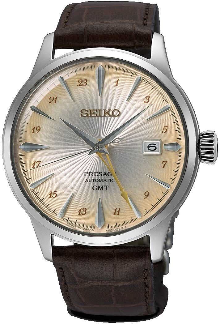 Zegarek męski Seiko Presage: beżowa tarcza, brązowy skórzany pasek, wskazanie GMT