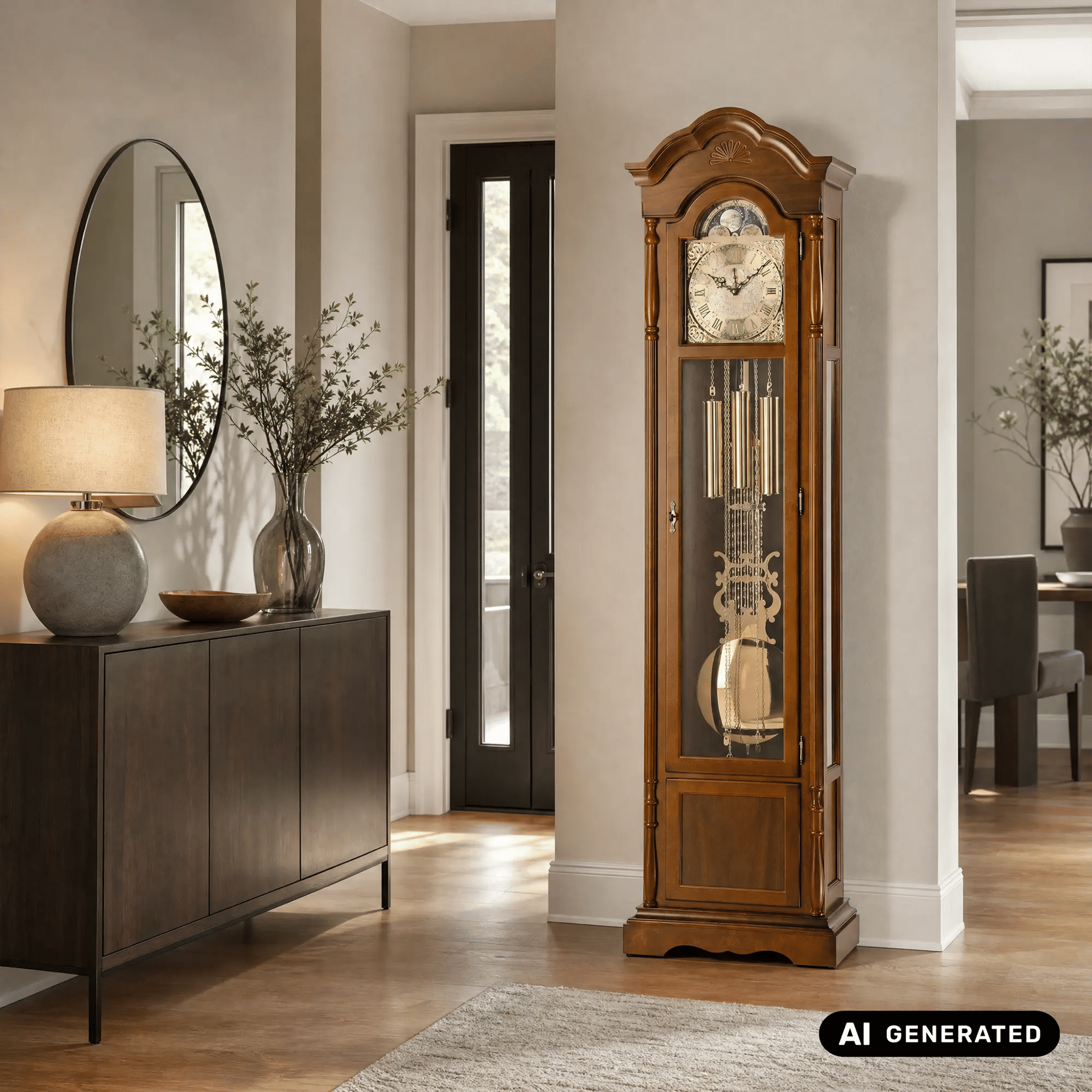 Holz-Standuhr in Nussbaum mit Pendelwerk, Glaseinsatz und runden Ziffern