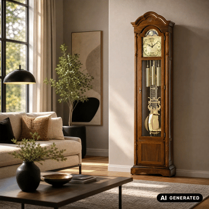 Standuhr aus Nussbaumholz mit Glasfront, Pendel und Gewichten