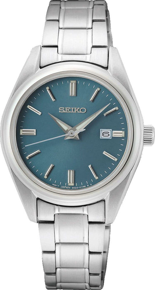 Zegarek damski Seiko z niebieską tarczą, srebrną bransoletą ze stali szlachetnej i okrągłymi wskazówkami