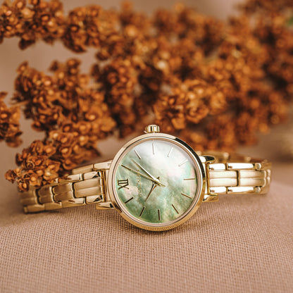 Holzkern Themis Damen Armbanduhr • Miyota Quarzwerk • Echtes grünes Perlmutt-Zifferblatt, Bild 5