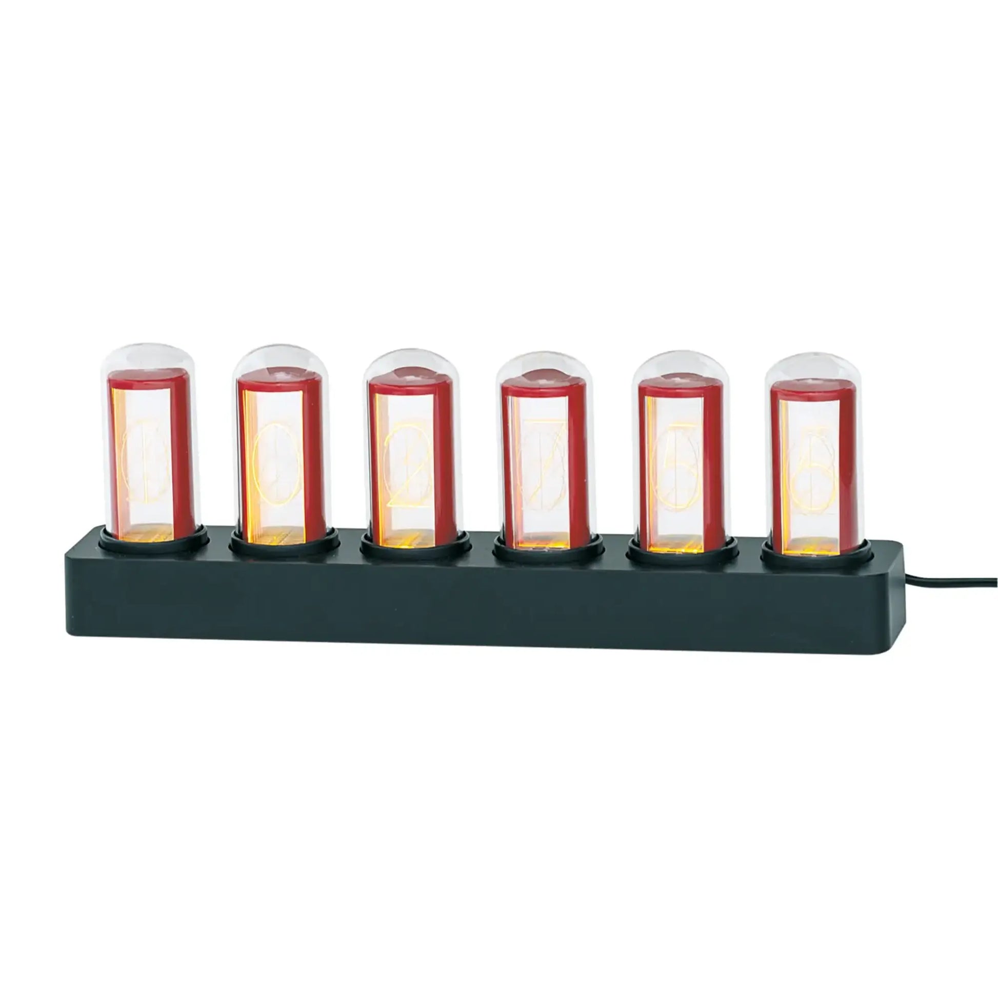 Zegar stołowy z lampami Nixie, sześć czerwonych lamp na długiej podstawie