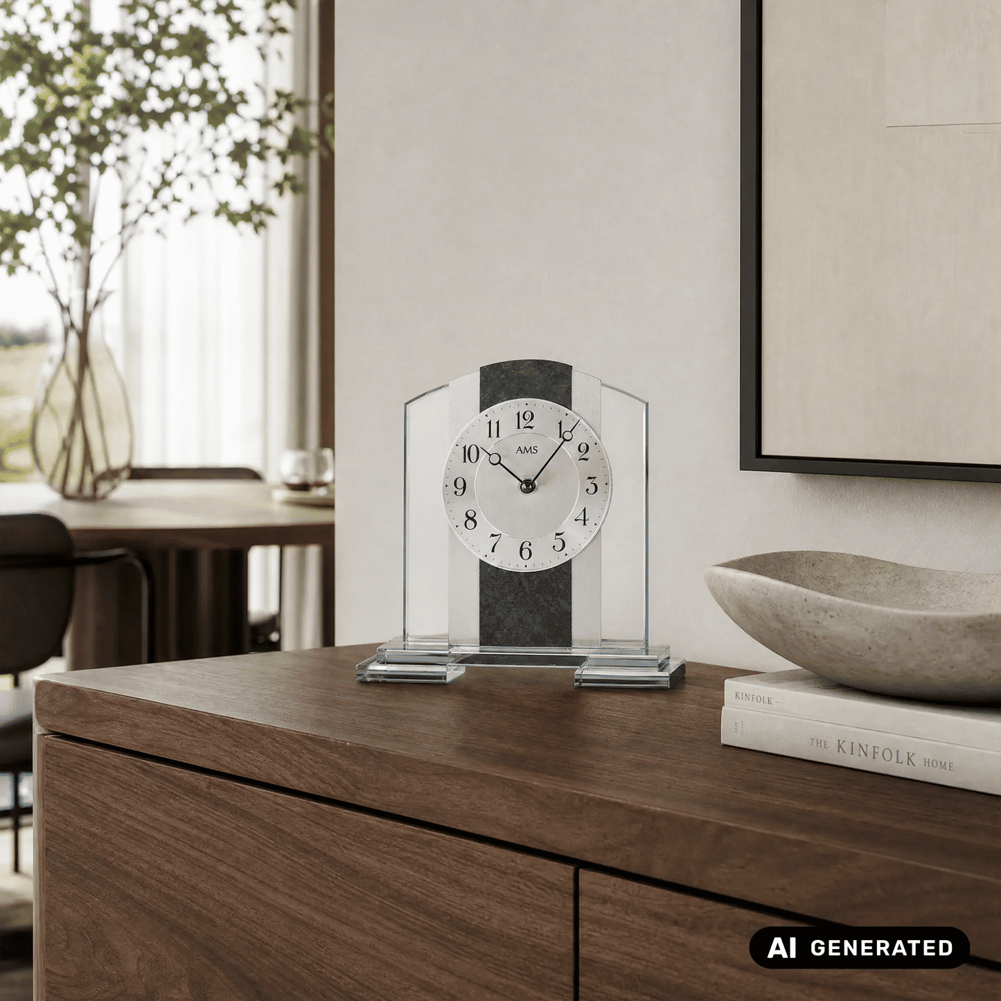 AMS T1121 Zegar stołowy łupek/aluminium • mechanizm kwarcowy • obudowa ze szkła mineralnego