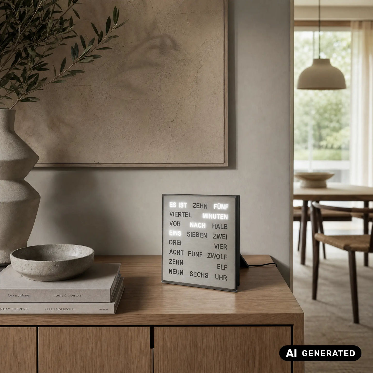 Zegar stołowy i ścienny AMS T1242 z aluminium • Zegar słowny LED • Zasilanie sieciowe z adapterem 220V