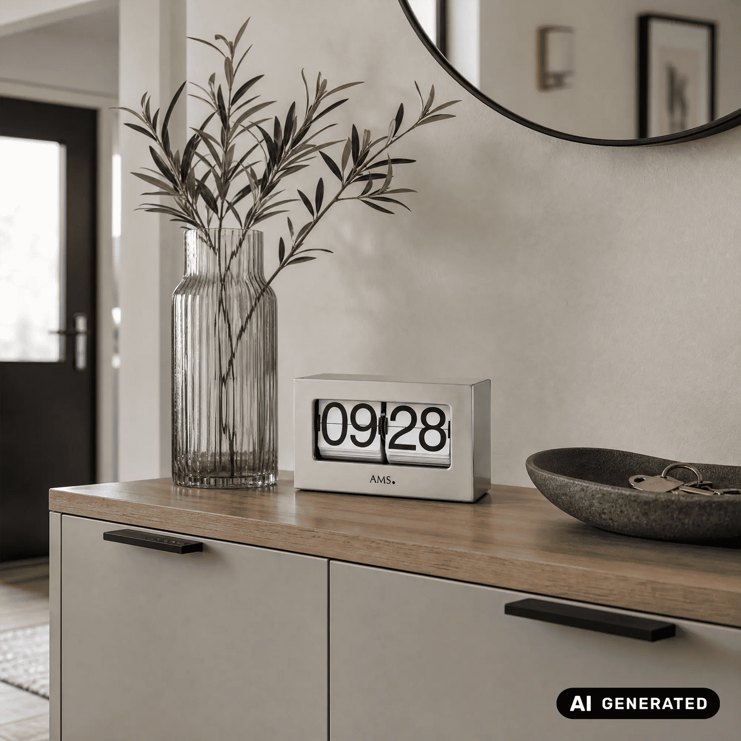 AMS T1175 Zegar stołowy / Zegar z klapkami (Flip Clock) srebrny • Mechanizm kwarcowy • Tarcza 24h