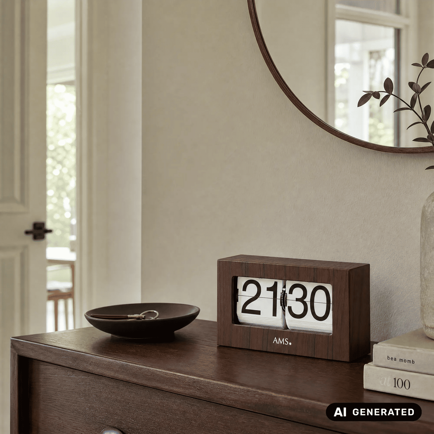AMS Retro T1177 Zegar stołowy / Flip Clock • Wyświetlacz z klapkami • Metal i dekor orzecha włoskiego
