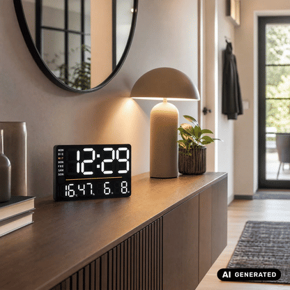 LED-Digital-Tisch- und Wanduhr mit Thermometer, schwarzer Korpus mit klarer Anzeige