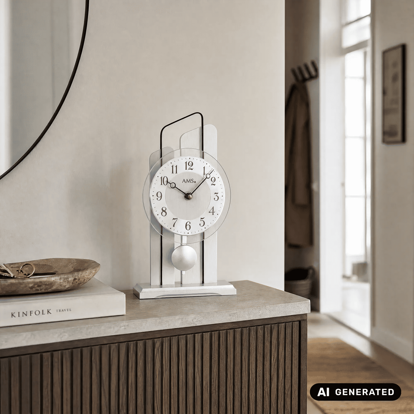 Zegar stołowy z wahadłem kwarcowym AMS T1258, aluminium • mechanizm wahadłowy kwarcowy • szkło mineralne